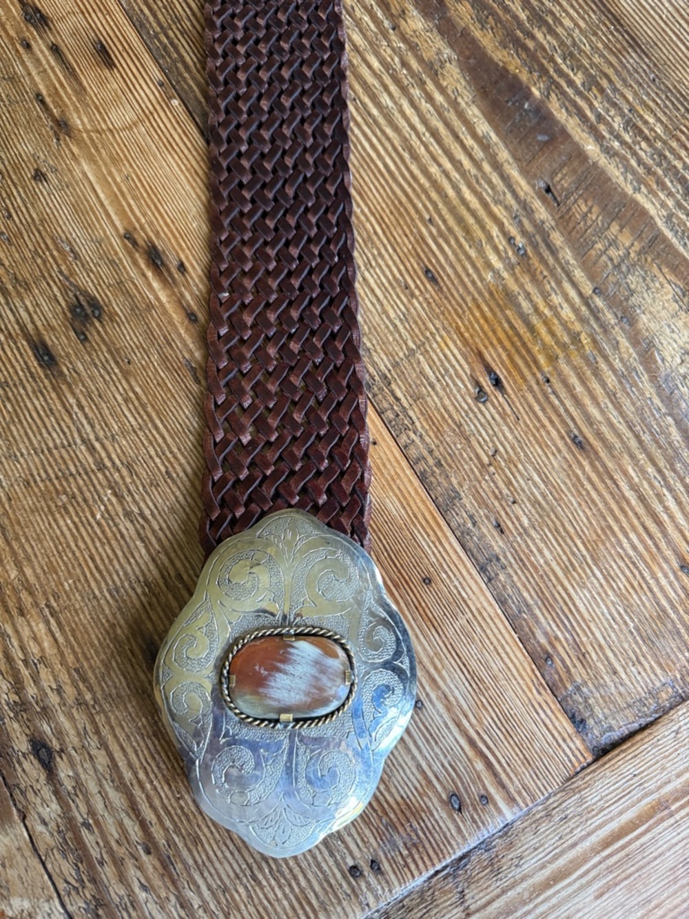 Brown Braided Leather Belt with Ornate Silver-Tone Buckle